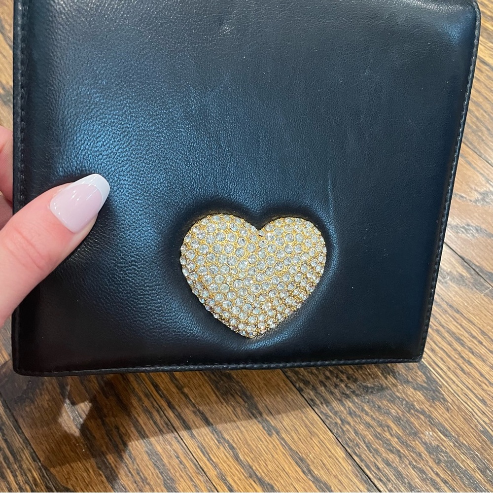 VINTAGE SUSAN GAIL Black Leather Rhinestone Heart Crossbody Bag Clutch - Picture 3 of 13